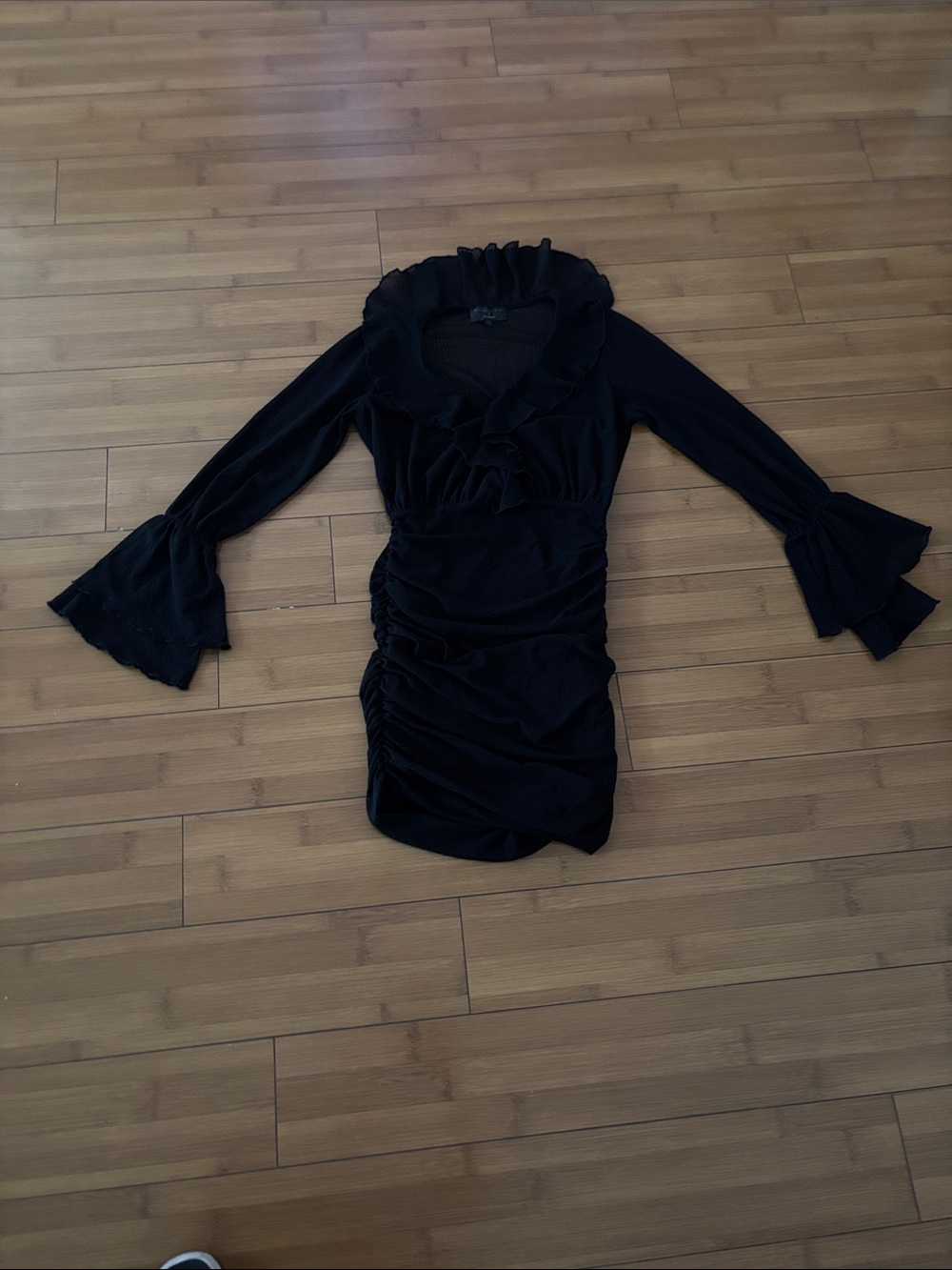 REVOLVE Black Ruffled V-Neck Long Sleeve Dress